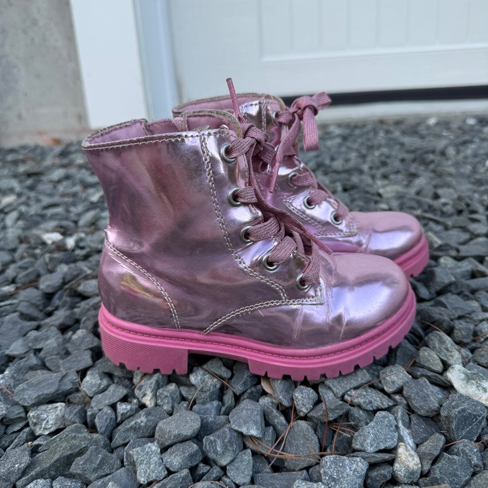 Jumping Beans Girls Metallic Pink Combat Boots Side Zip Heart Lug Sole Size 11T